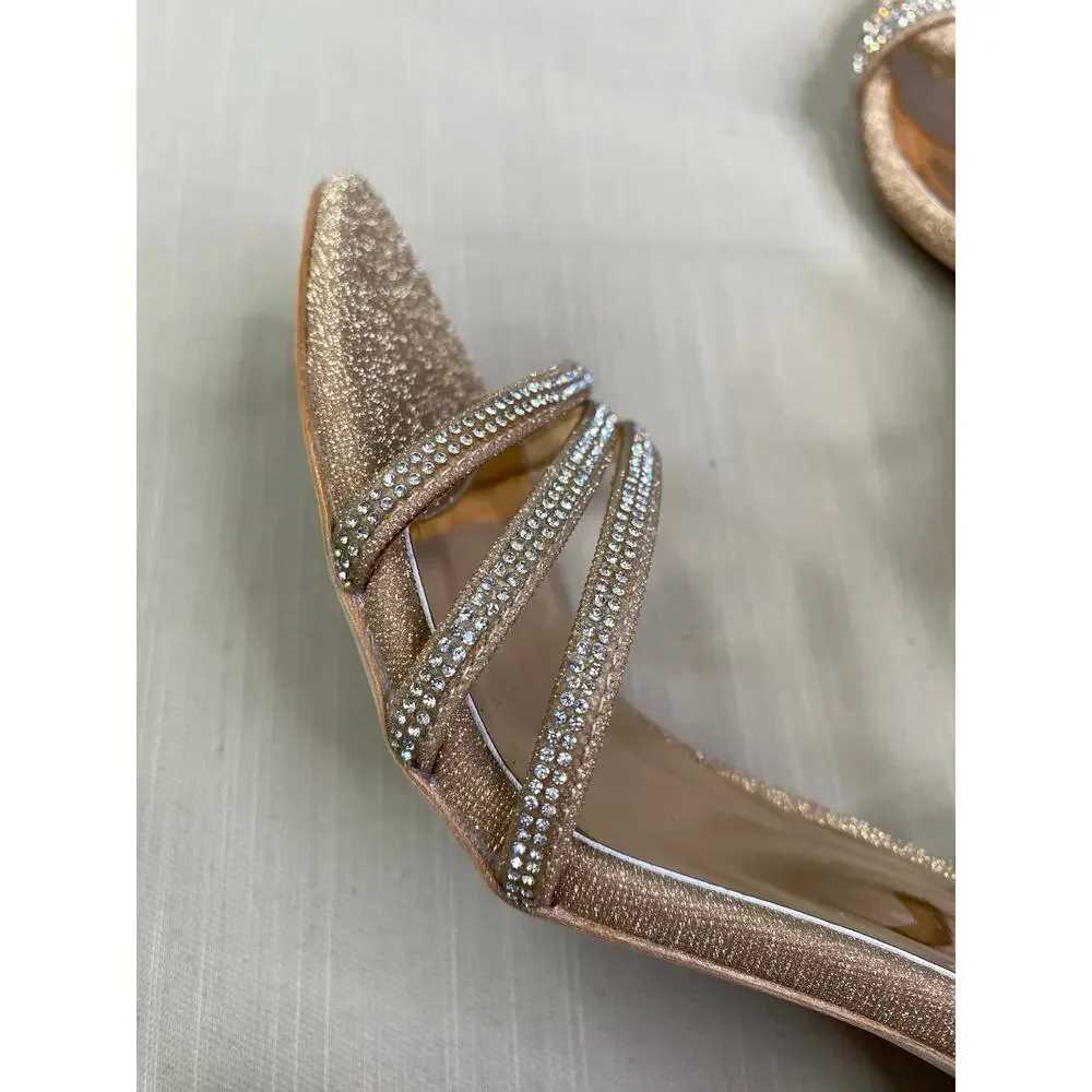 NWB Badgley Mischka Dessa Strass Ankle-Grip Sandals, Platino Gold, Sz 6.5